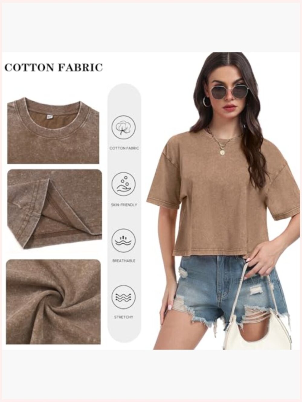 Acid Wash Cropped Tee Short Sleeve Baggy Cotton T-Shirt Vintage Basic Top - Picture 2 of 7